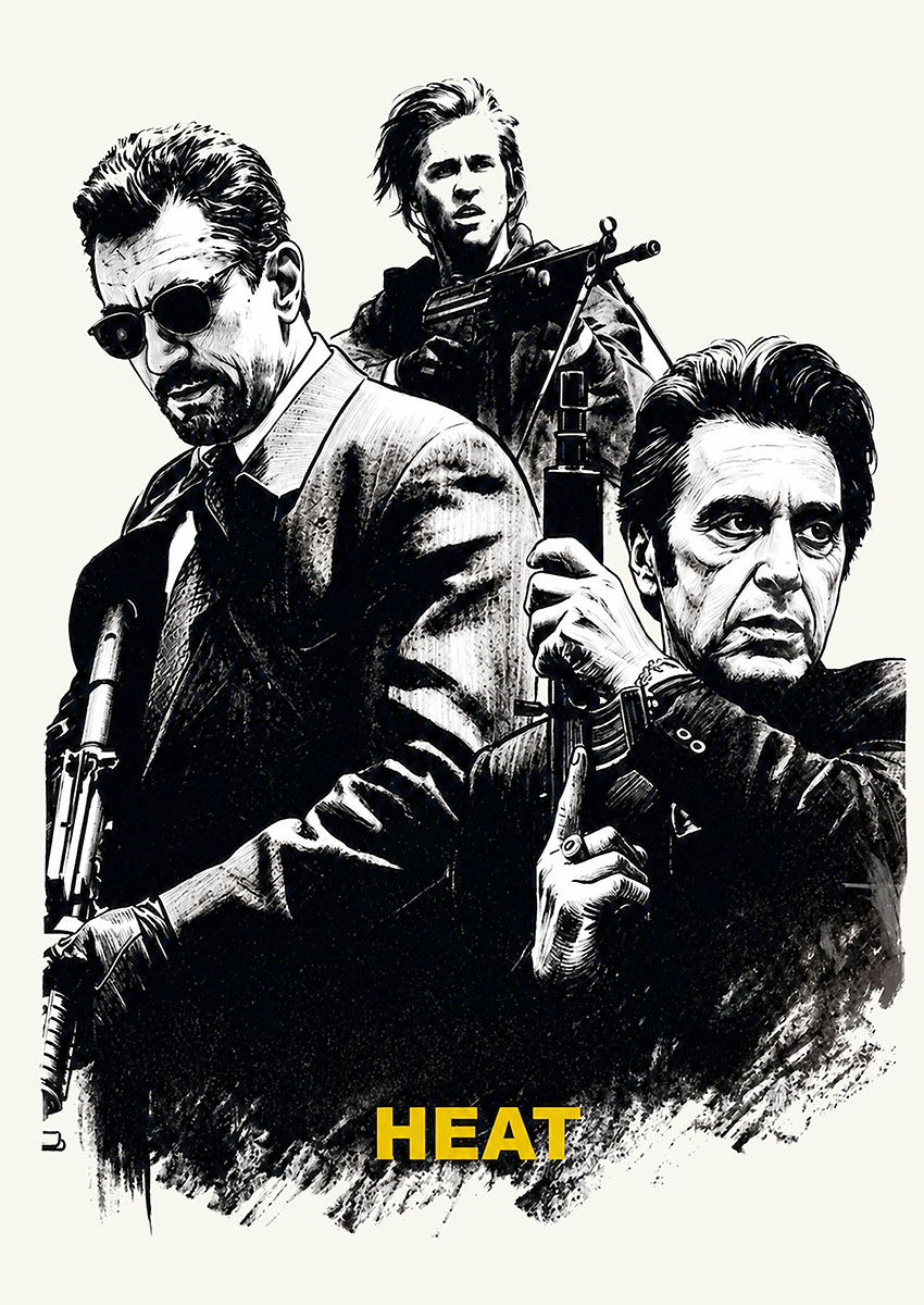 Detailed monochrome illustration of characters from the movie Heat with firearms